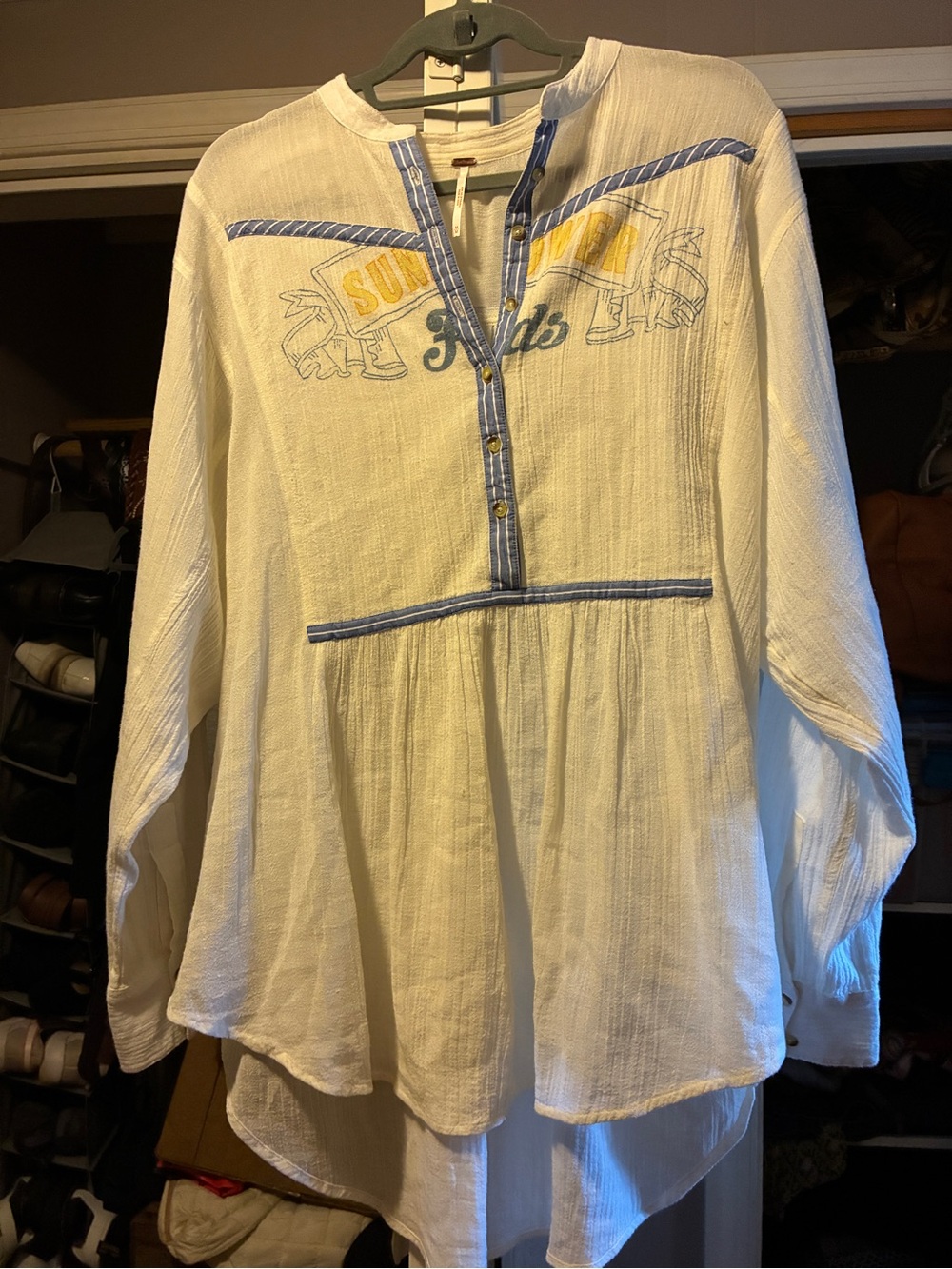 White Free People Long-Sleeve Boho Tunic Top with Blue Trim